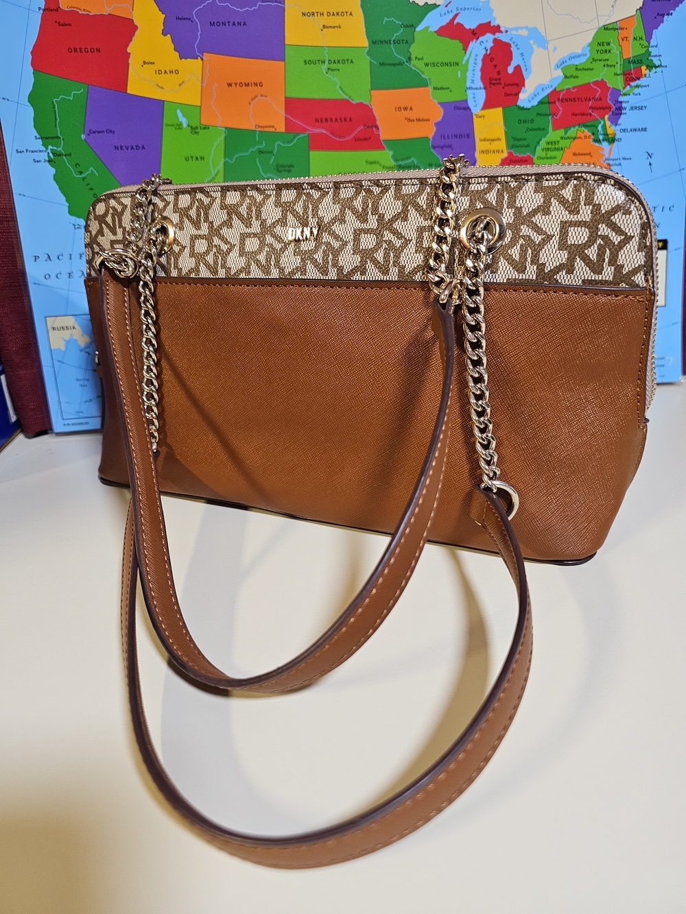 DKNY Brown and Logo-Print Shoulder Bag